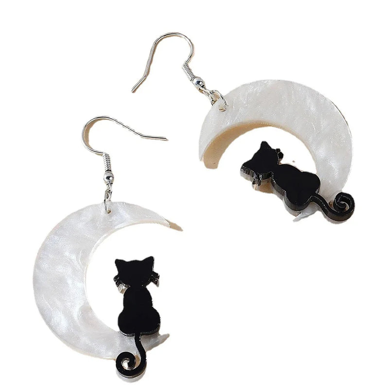 Halloween Dark Cat Acrylic Moon Cat Pendant Earrings Jewelry