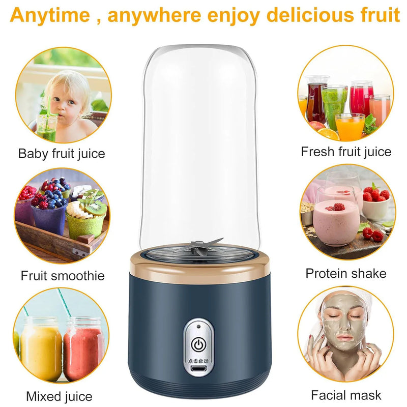 Portátil Recarregável Mini Liquidificador De Suco, Smoothie Maker, Fruit Shakes, Juicer Mixer, Juicer para Viagem, 400ml, 6 Lâminas