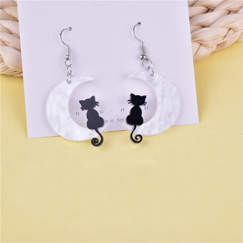 Halloween Dark Cat Acrylic Moon Cat Pendant Earrings Jewelry