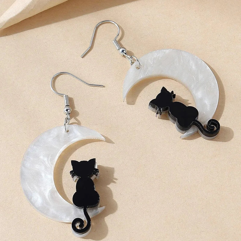 Halloween Dark Cat Acrylic Moon Cat Pendant Earrings Jewelry