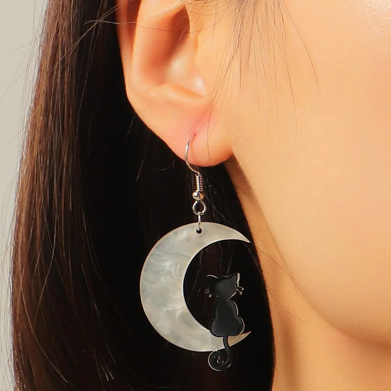 Halloween Dark Cat Acrylic Moon Cat Pendant Earrings Jewelry